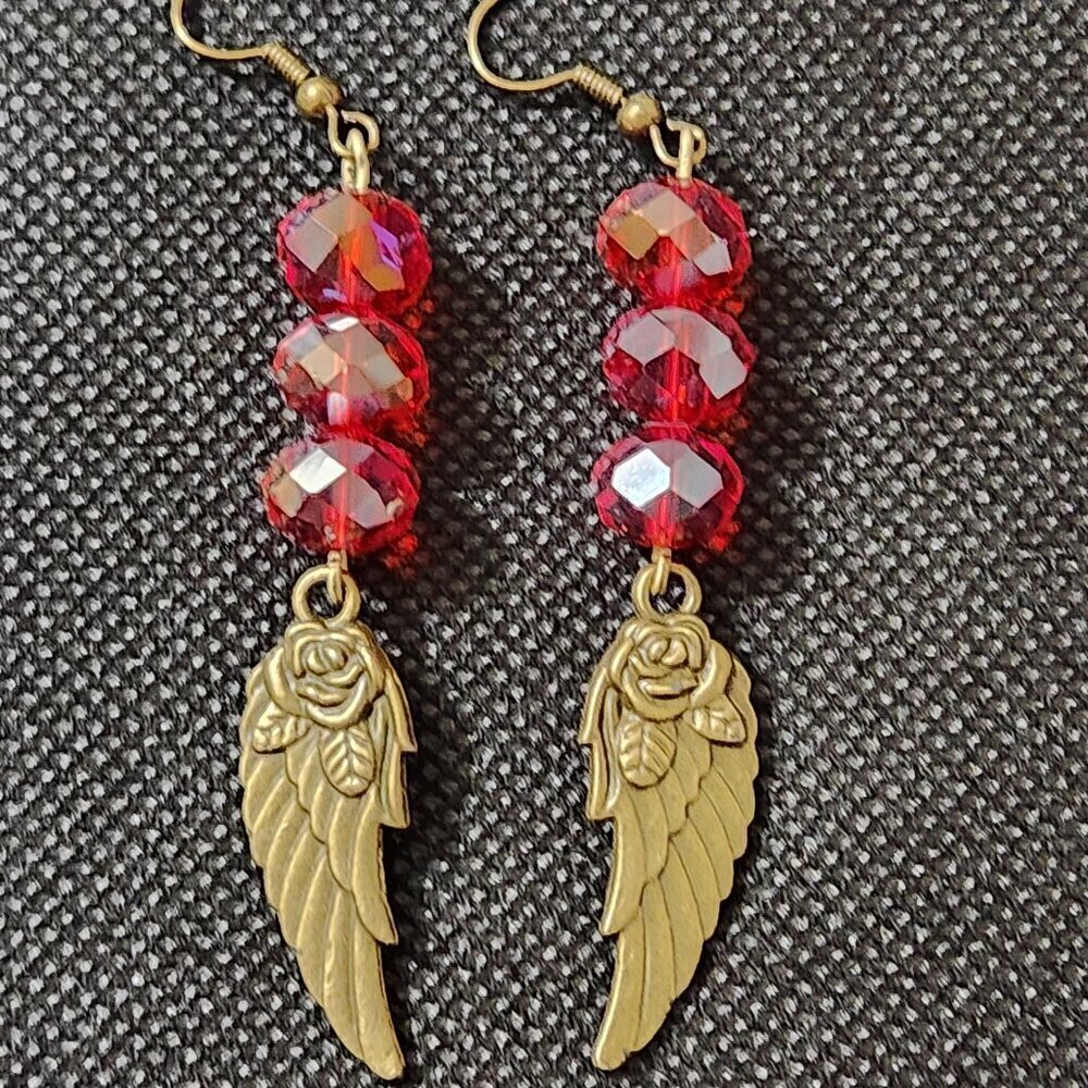 Hand Crafted Earrings Angel Wings Red Crystal Beads Bronze Wings Dangle